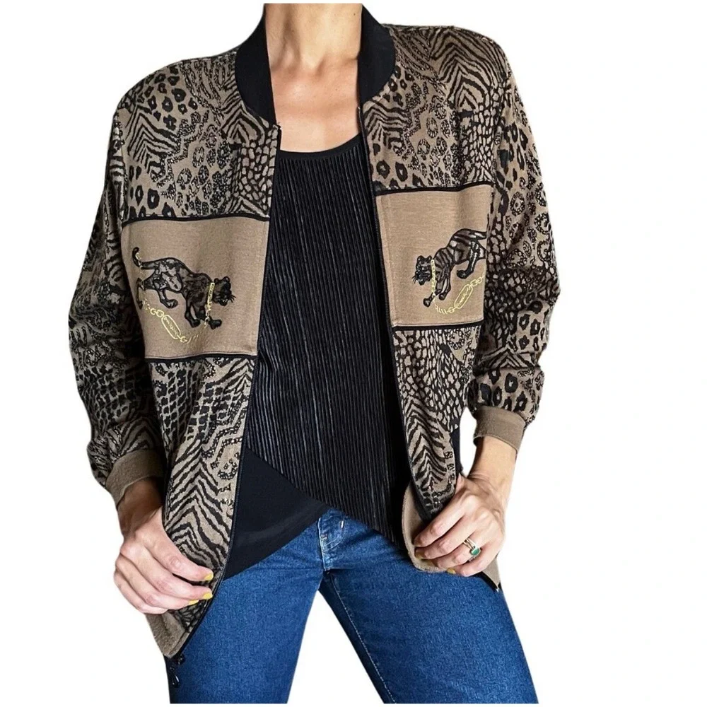 Rafael Jacket Womens XL Animal Print Zip Front Safari Gold Chain Vintage Bomber_2